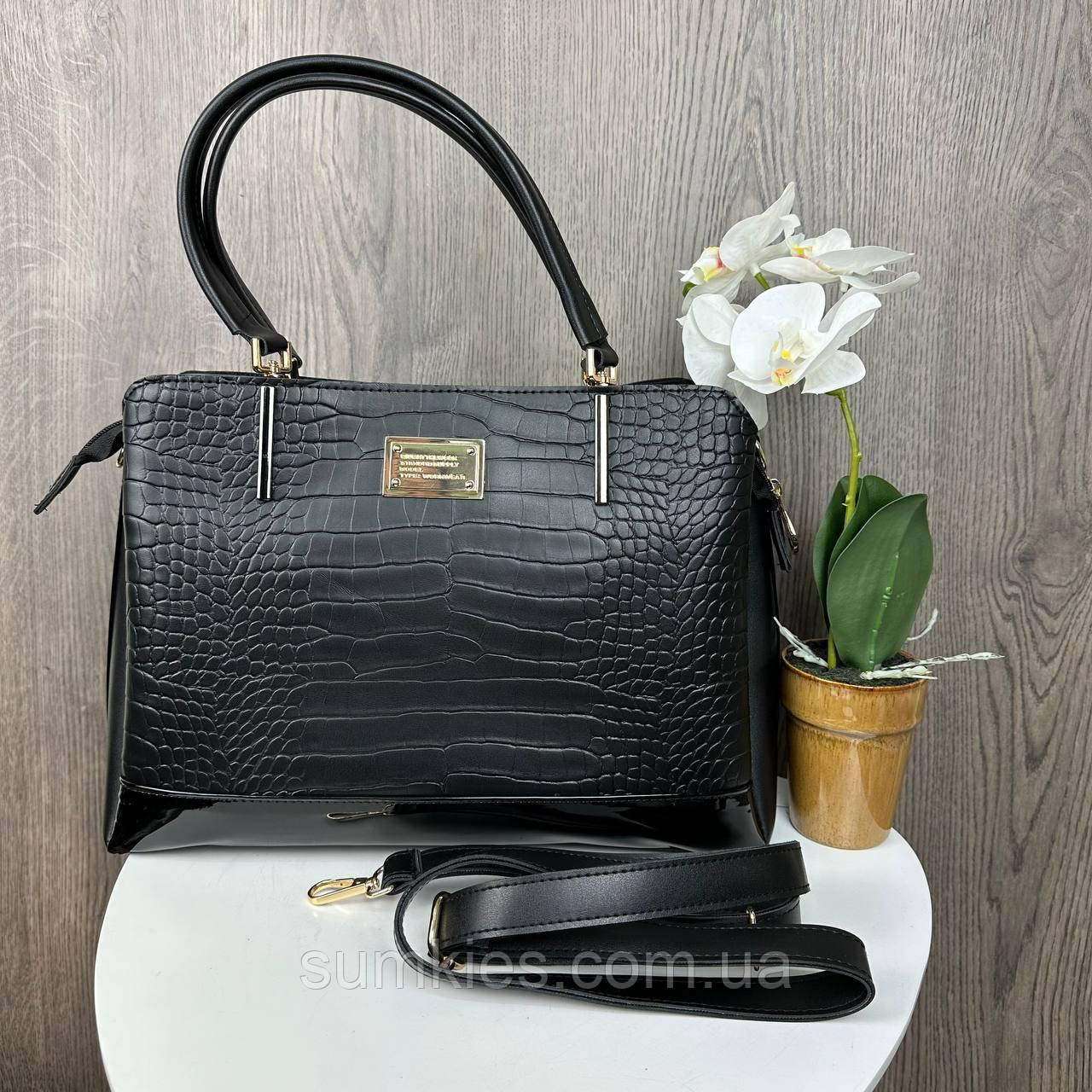 Жіноча сумка з тисненням шкіра крокодил рептилія чорна, фото 1