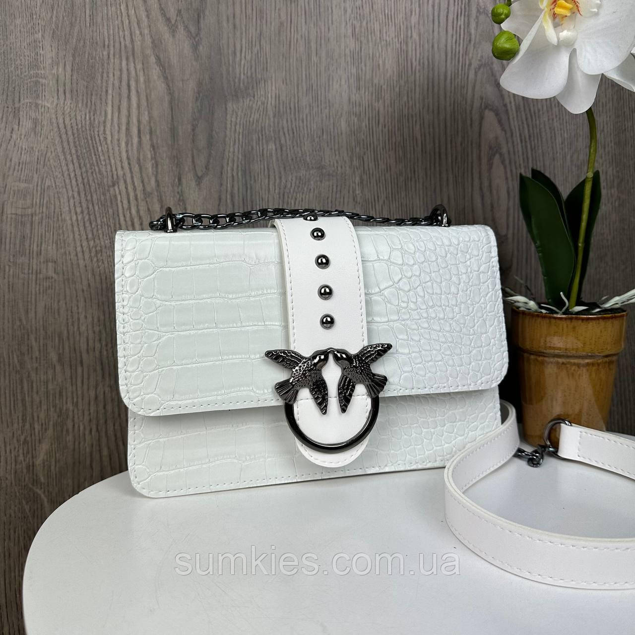 Жіноча міні сумочка клатч під рептилію з пташками, Маленька сумка на ланцюжку з птахами Пінко, фото 1
