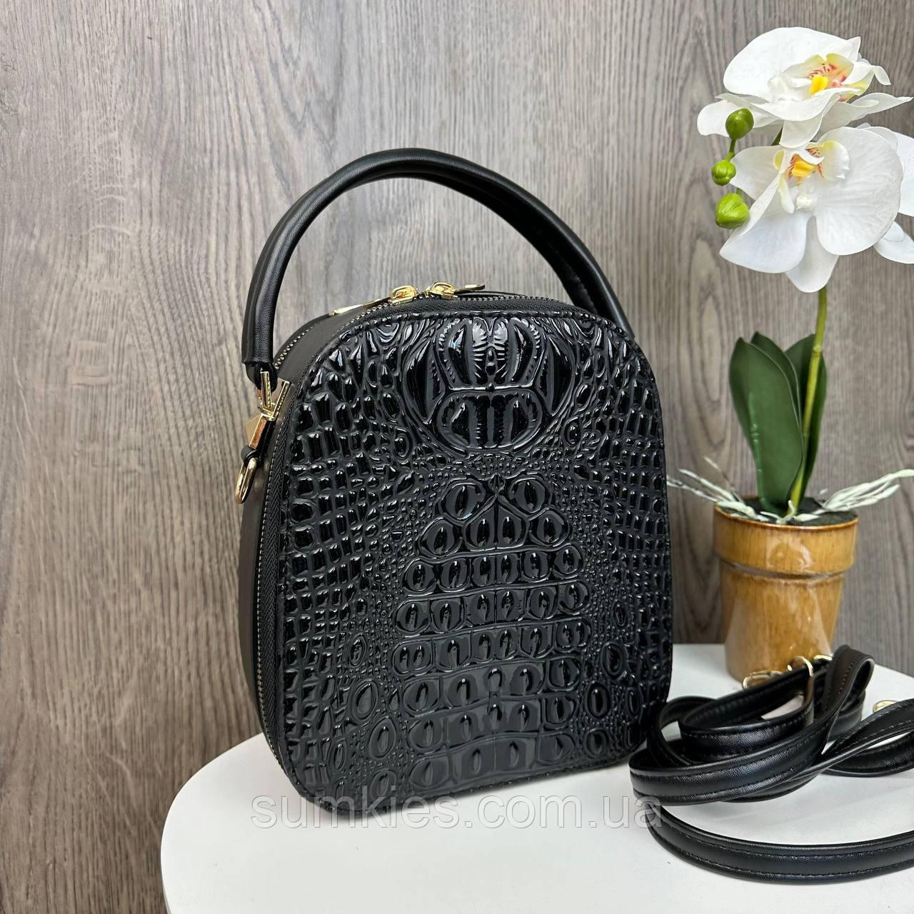 Модна жіноча сумочка овальна рептилія, сумка на плече напівкругла крокодил лакова, фото 1