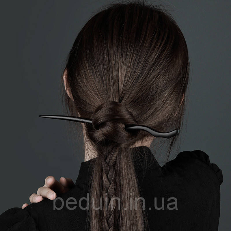 Японська дерев'яна паличка в пучок "Крюк" шпилька для волосся, шпилька — чорна Aushal Jewellery