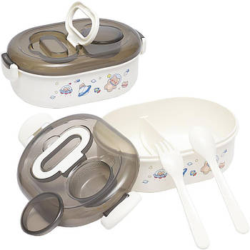 Пластиковий контейнер 18*13*7 см для їжі 6450 Ланч-бокс з вилкою та ложкою Біло-чорний в упаковці 1 шт