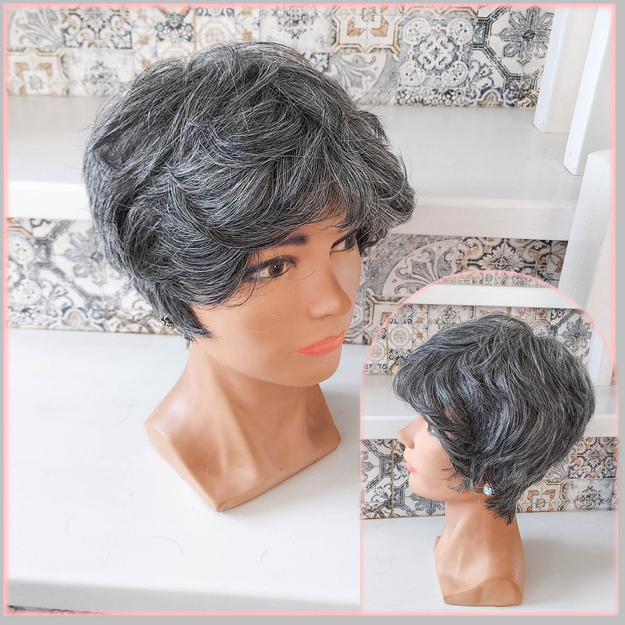 Перука коротка із натурального волосся сивий мікс 0701 HH- 51, фото 1