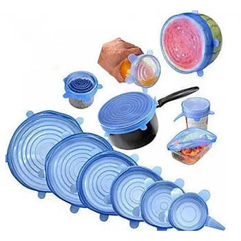 Кухонні Універсальні Силіконові Кришки Сині 6в1 для Зберігання Продуктів