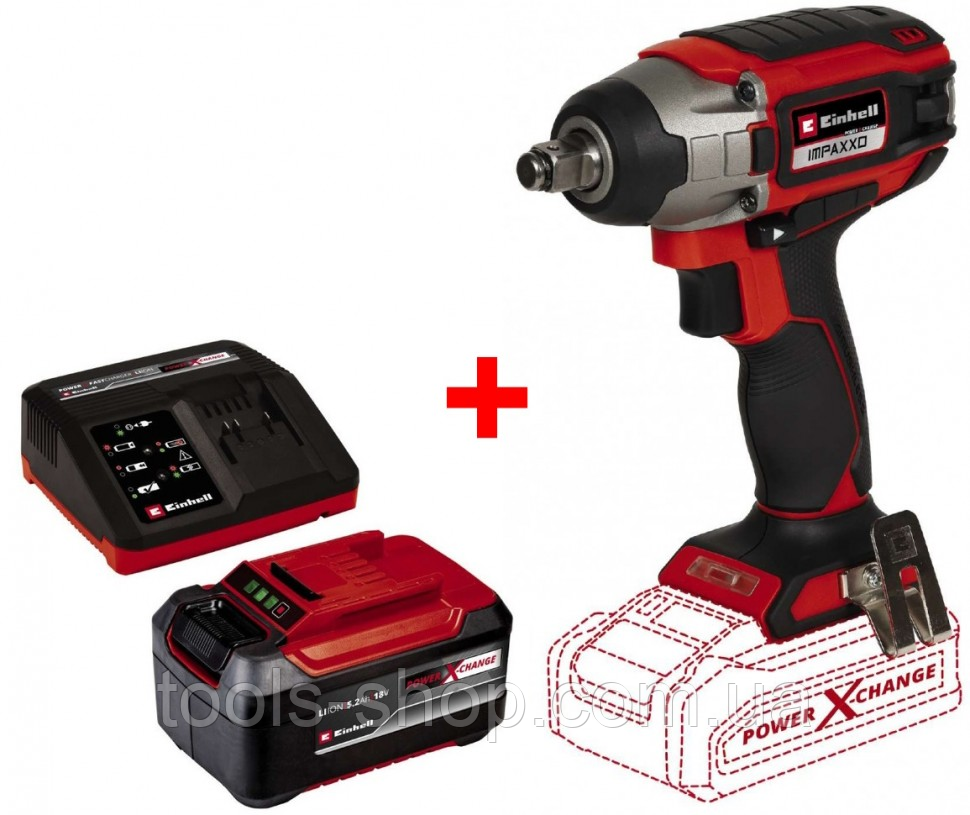 Потужний ударний акумуляторний гайковерт безщітковий Einhell IMPAXXO 18/230 - Solo: з АКБ 18 V 2.5 Ah, об.х.х.2900об/хв, 3000 у/хв, фото 1