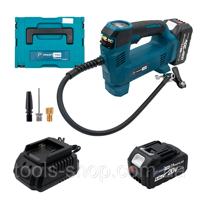 Потужний акумуляторний насос PROFI-TEC PAP2012BL POWERLine : з АКБ 20V 4.0Ah, 10.3 бар, 12 л/хв, повітряний шланг 65 см VSE