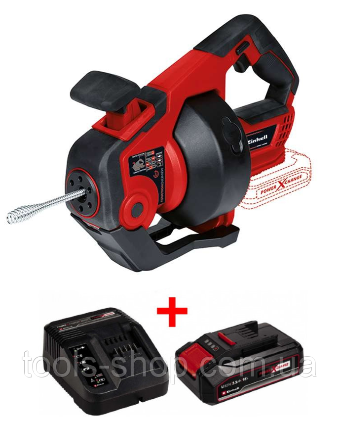 Пристрій для прочистки труб акумуляторний Einhell TE-DA 18/760 Li - Solo : з АКБ 18V 2.5 Ah+ЗП VSE, фото 1