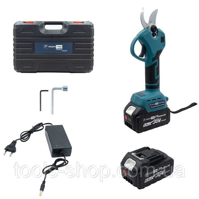 Потужний акумуляторний секатор PROFI-TEC PES20BL POWERLine : з АКБ 20V 2 шт по 4.0 Аh+ЗП, діаметр різу 30 / 45 мм
