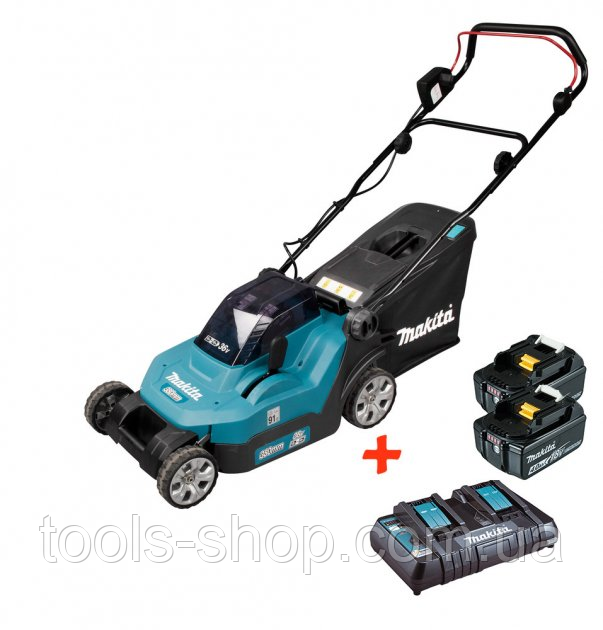 Професійна газонокосарка акумуляторна Makita DLM382CM2 : 18 В акумулятор 2 шт + зарядка  DC18SH