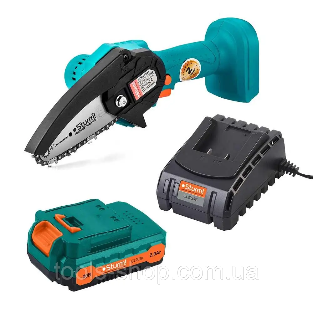 Акумуляторна міні ланцюгова пила  Sturm CC9920CLM : 20V, 2 А/год, з АКБ + зарядне, вага 1,15 кг