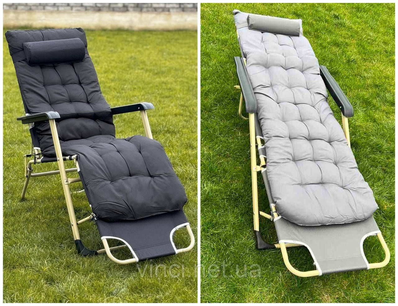 Садовий шезлонг тканинний + матрац IdealGarden до 125кг Розкладне крісло Лежак Сірий і Чорний Лежаки Шезлонги, фото 1