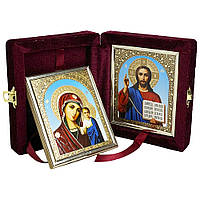 Икона складень "Богородица и Спаситель" в бархате бордовая