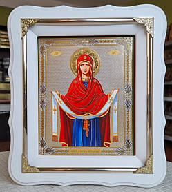 Ікона Пресвята Богородиця Покров у білому фігурному кіоті під склом, розмір 24×21, сюжет 15*18.