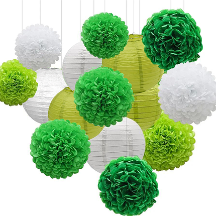 Набір з паперових кульок Ліхтарики та Помпони | Олива Білий Зелений, фото 1