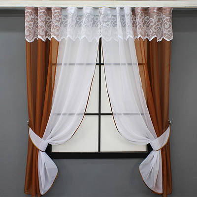 Кухонні штори (270х170см.) з ламбрекеном, на карниз 1-1,5м. Колір теракотовий з білим. Код 090к 59-942