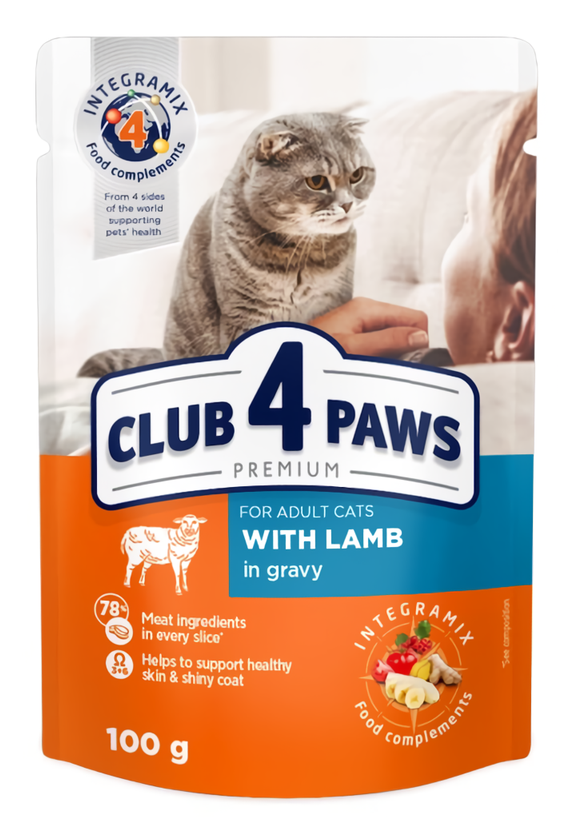 CLUB 4 PAWS (Клуб 4 Лапи) Преміум вологий корм для дорослих кішок з ягням в соусі, 100 г