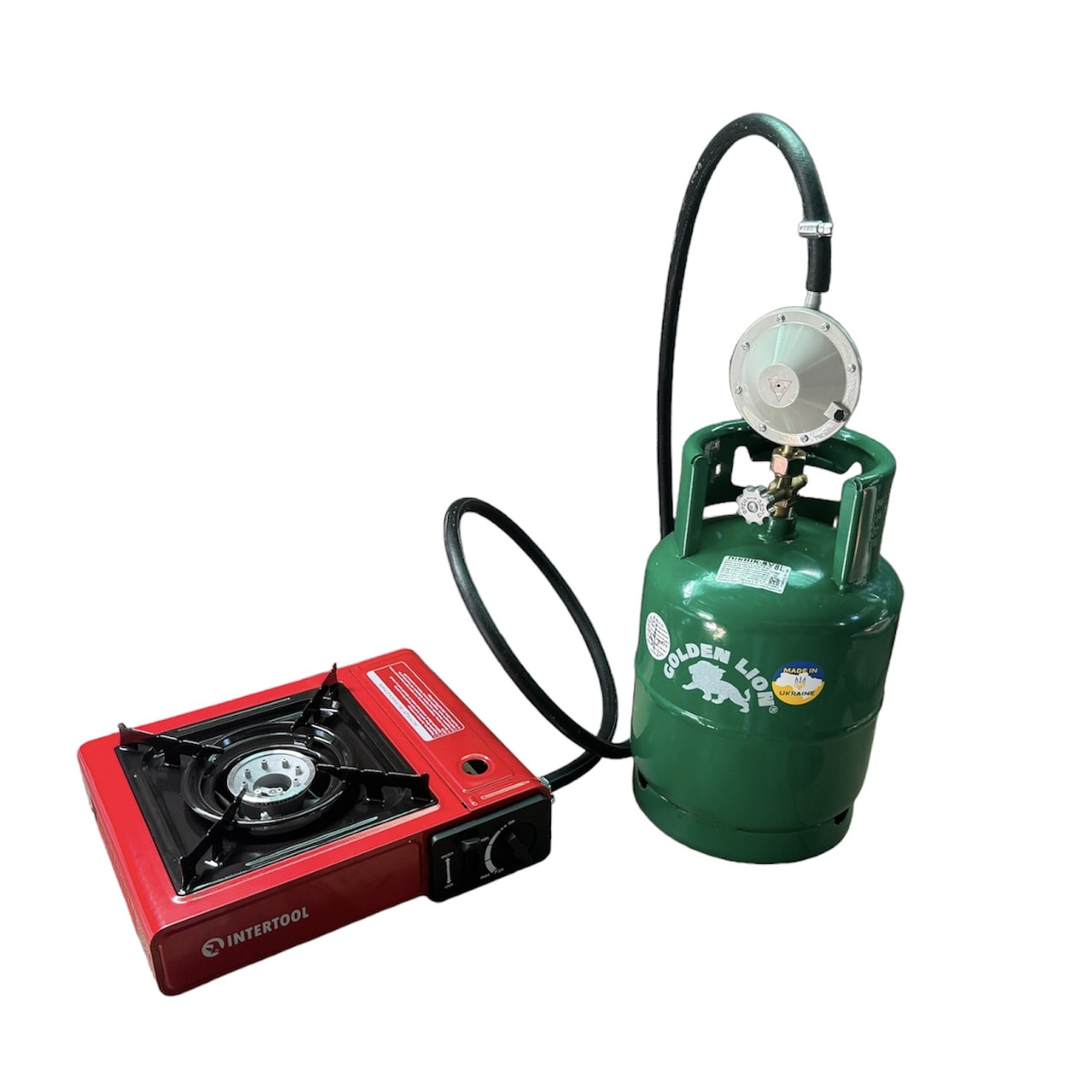 Газова однокомфорочна плита Intertool GS-0001 + Балон  Rudyy 8л + редуктор зі шлангом + пальник на балон у подарунок
