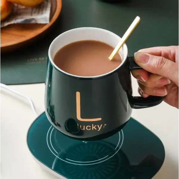 Чашка керамічна темно-зелена з підставкою — підігрівом і ложечкою в пакованні-пакеті, фото 1