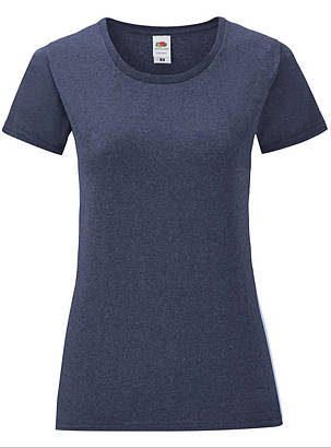Темно-Синя Меланжева жіноча футболка легка Ladies Iconic T Fruit of the loom, фото 1