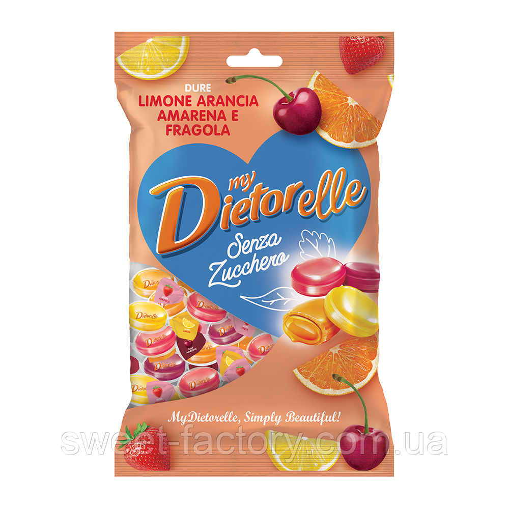 Льодяники My Dietorelle Orange Lemon Strawberry Cherry Senza Zucchero 140g, фото 1