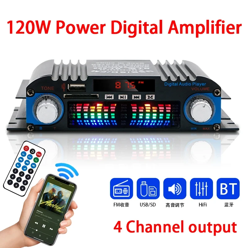 4-канальний підсилювач звуку 120W Bluetooth, FM, USB, пульт аудіопідсилювач