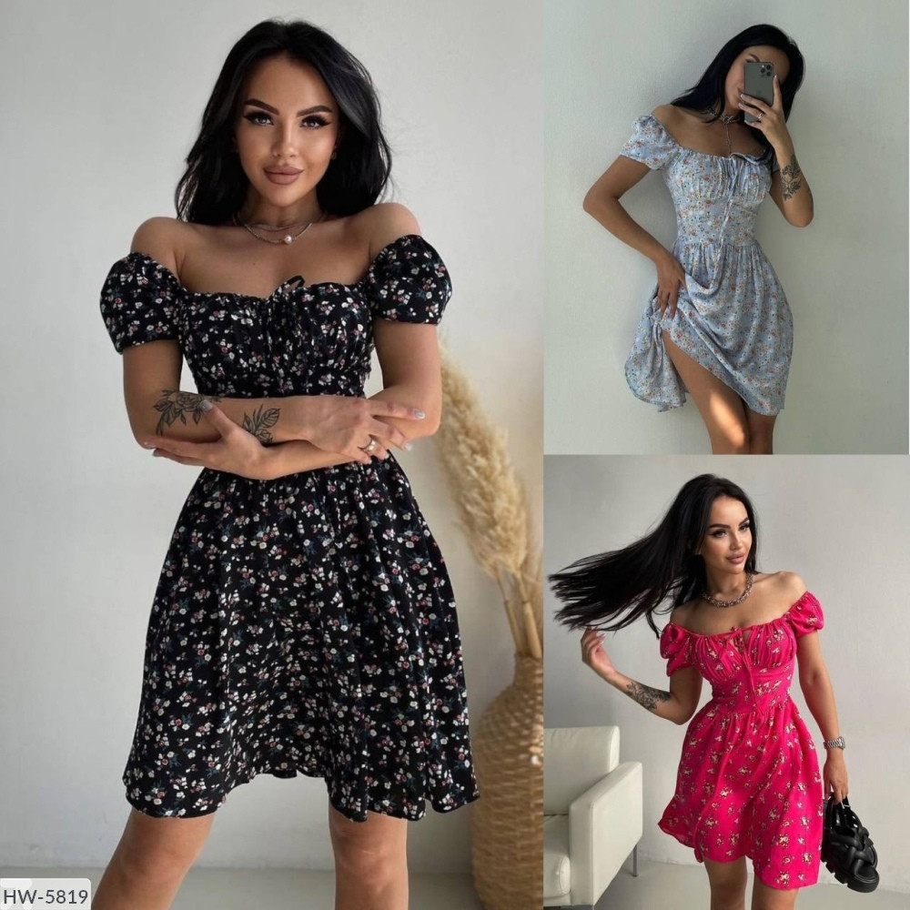 Коротке жіноче плаття міні розкльошене від талії в стилі бебі дов приталений низ кльош на літо