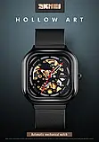 Квадратний чоловічий механічний годинник з відкритим механізмом і автопідзаводом Skmei 9184BK Black, фото 3