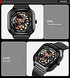 Квадратний чоловічий механічний годинник з відкритим механізмом і автопідзаводом Skmei 9184BK Black, фото 6