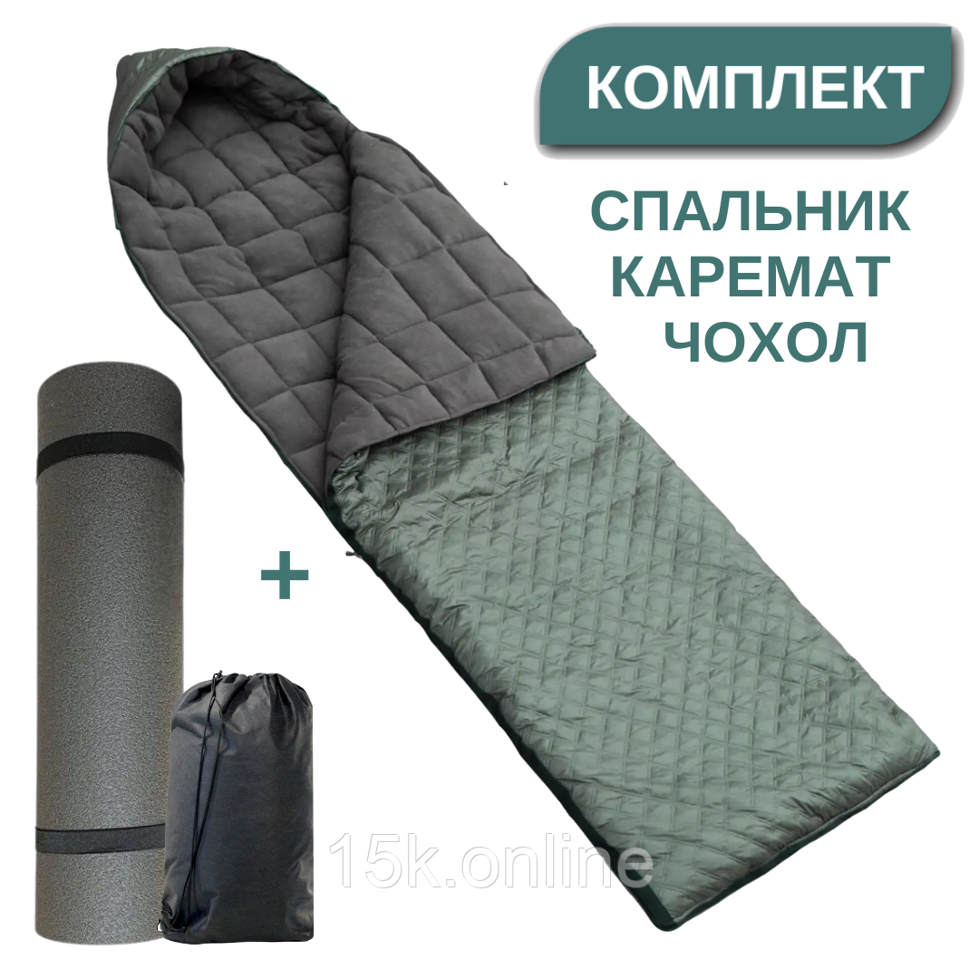 Демісезонний спальний мішок на флісі -15 хакі з карематом спальник ковдра весна-осінь з капюшоном, фото 1