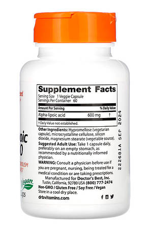 Антиоксидант Альфа-ліпоєва кислота 600 мг Doctor's Best Alpha Lipoic Acid 60 капс США, фото 3