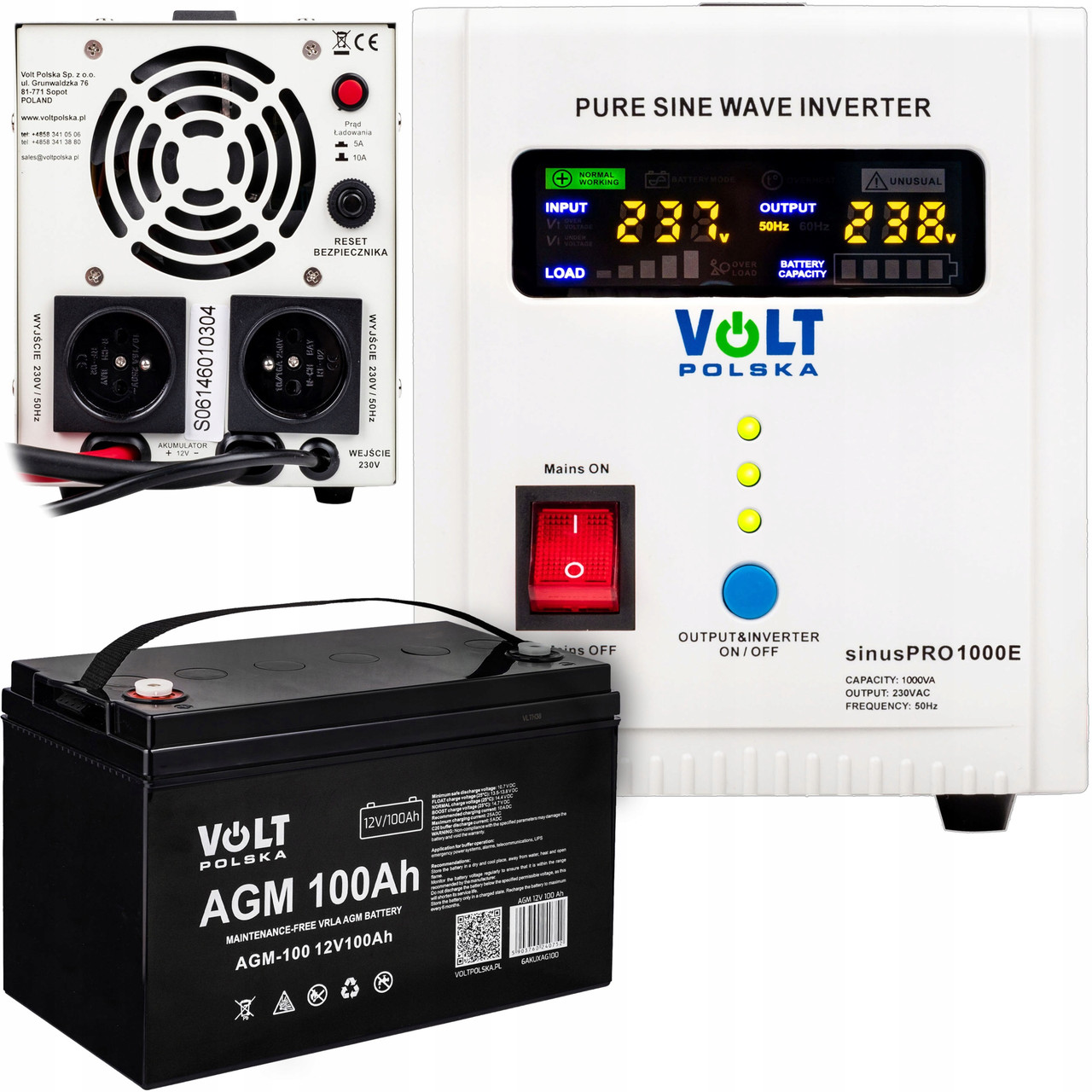Аварійне джерело живлення Volt Polska Sinus Pro 1000 E + акумулятор AGM 12V 100 Ah, фото 1