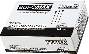 Булавки канцелярські (34мм, кольорові, 100шт) Buromax Jobmax BM.5251