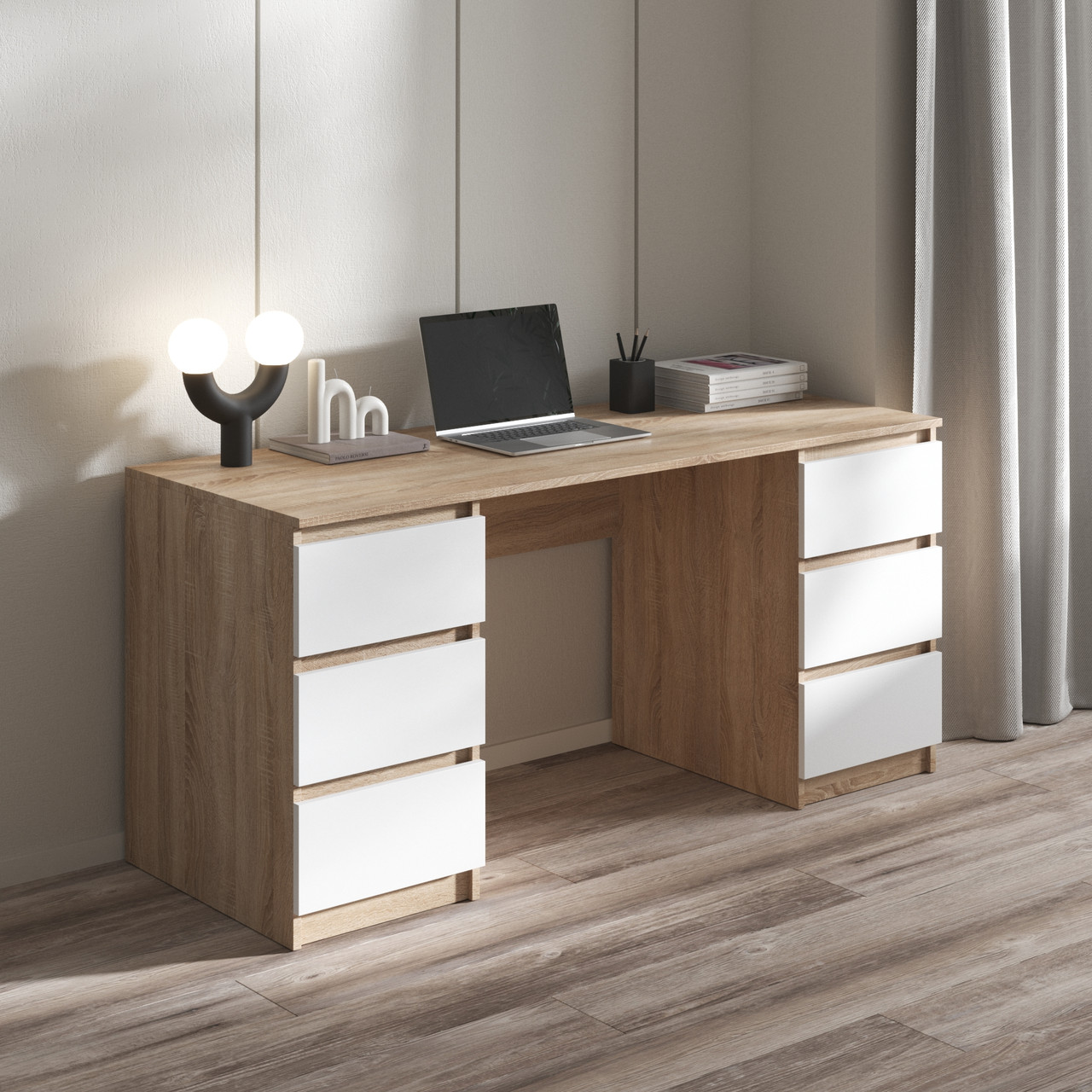 Комп'ютерний стіл, письмовий стіл з двома тумбами на 6 висувних ящиків з фасадами без ручок R-2 Дуб сонома/Білий фасад, фото 1
