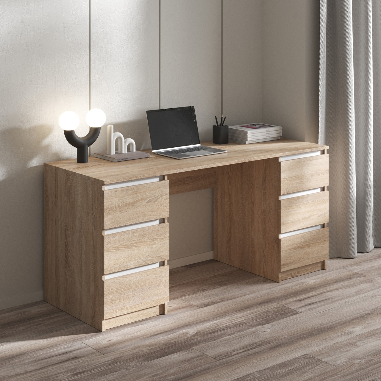 Комп'ютерний стіл, письмовий стіл з двома тумбами на 6 висувних ящиків з фасадами без ручок R-2 Дуб сонома/білі планки, фото 1
