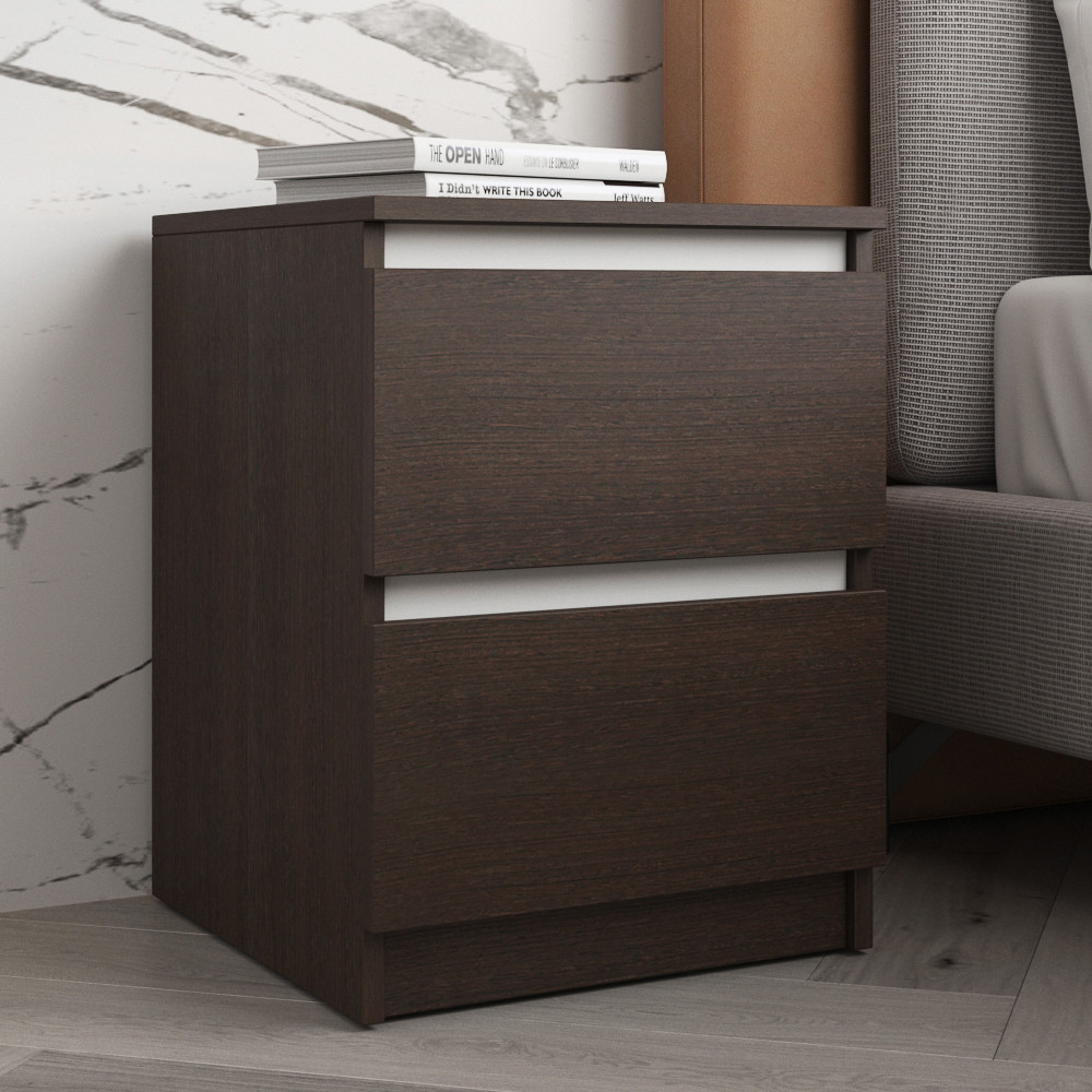 Тумба приліжкова в спальню, сучасна з шухлядами, без ручок R-5 Венге Темний/білі планки, фото 1