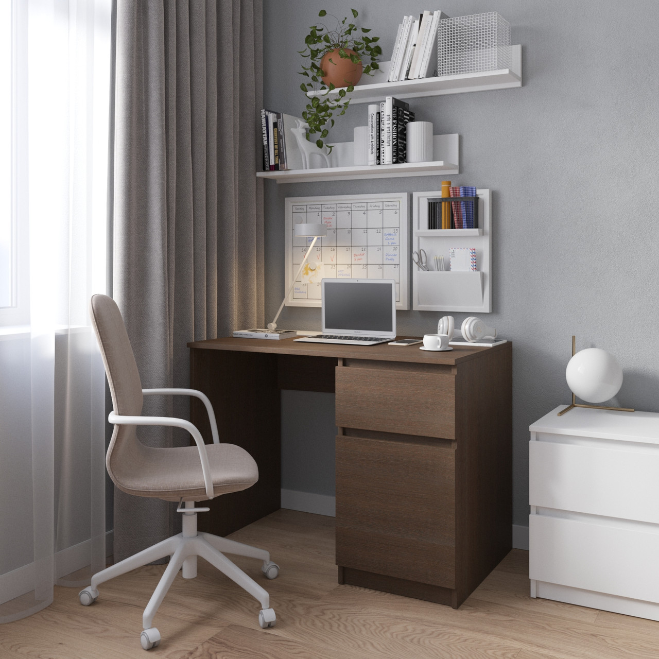 Комп'ютерний стіл, письмовий стіл з тумбою праворуч з фасадами без ручок R-18 Венге темний, фото 1