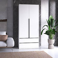 Шафа для одягу у спальню, зі штангою та полицями, 2 двері та 2 шухляди з чорними ручками М-30