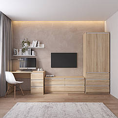 Комплект меблів у вітальню: шафа R-9, тумба R-6, стіл R-1, полиці М-22 Дуб сонома-Білі планки