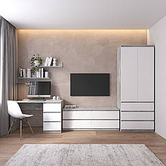 Комплект меблів у вітальню: шафа R-9, тумба R-6, стіл R-1, полиці М-22 Бетон-Білий фасад