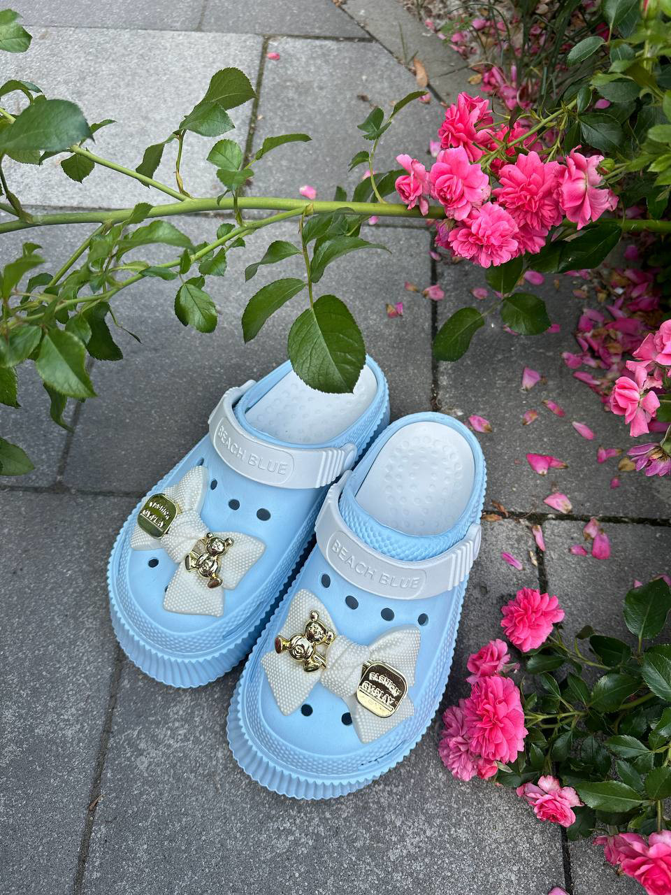 Жіночі крокси Crocs Beach blue (блакитні з бантом)