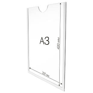 Кишеня плоска для одного аркуша формату А3 вертикальна настінна акрилова 297х420мм