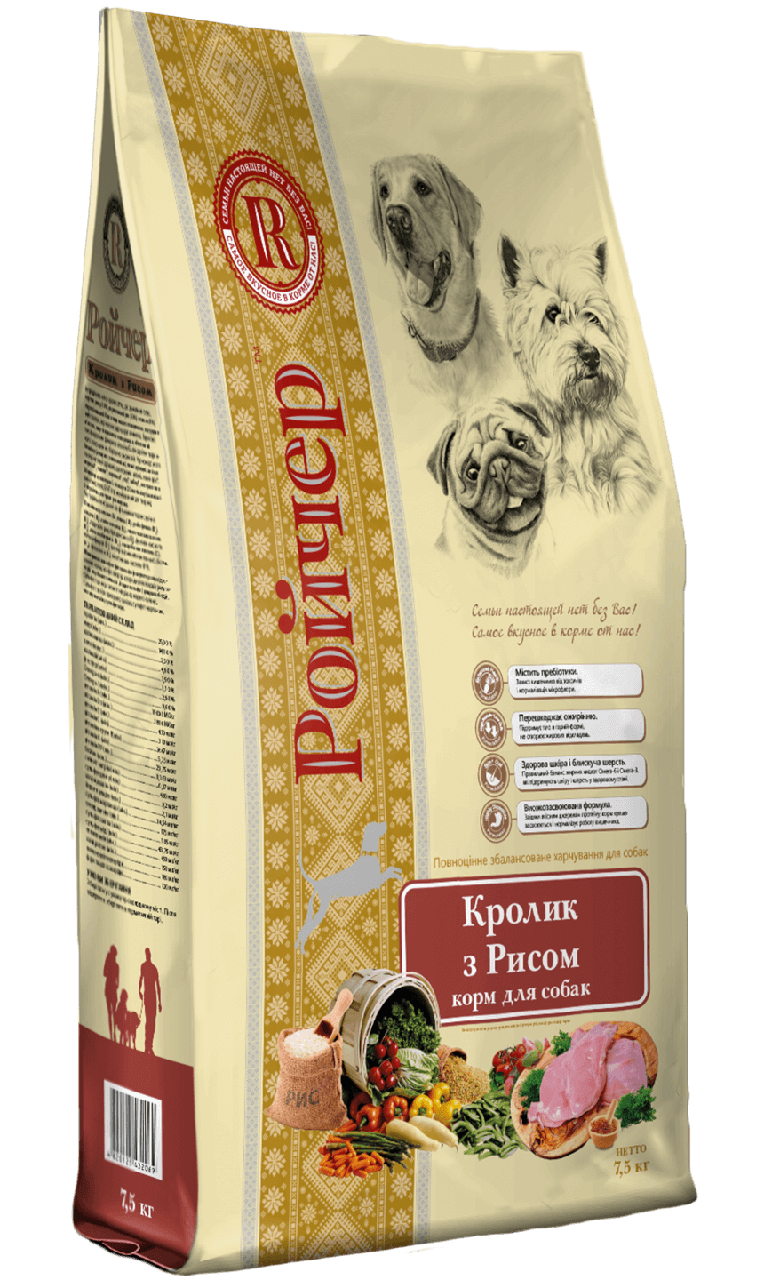 Сухий гіпоалергенний корм Ройчер з кроликом та рисом для собак 7.5 кг