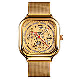 Квадратний чоловічий механічний годинник з відкритим механізмом і автопідзаводом Skmei 9184GD Gold, фото 2