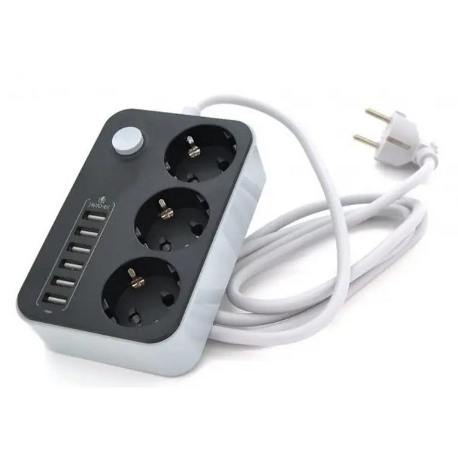 Подовжувач з USB Power Socket 8207 6USB на 3 розетки 2 м Black, фото 1