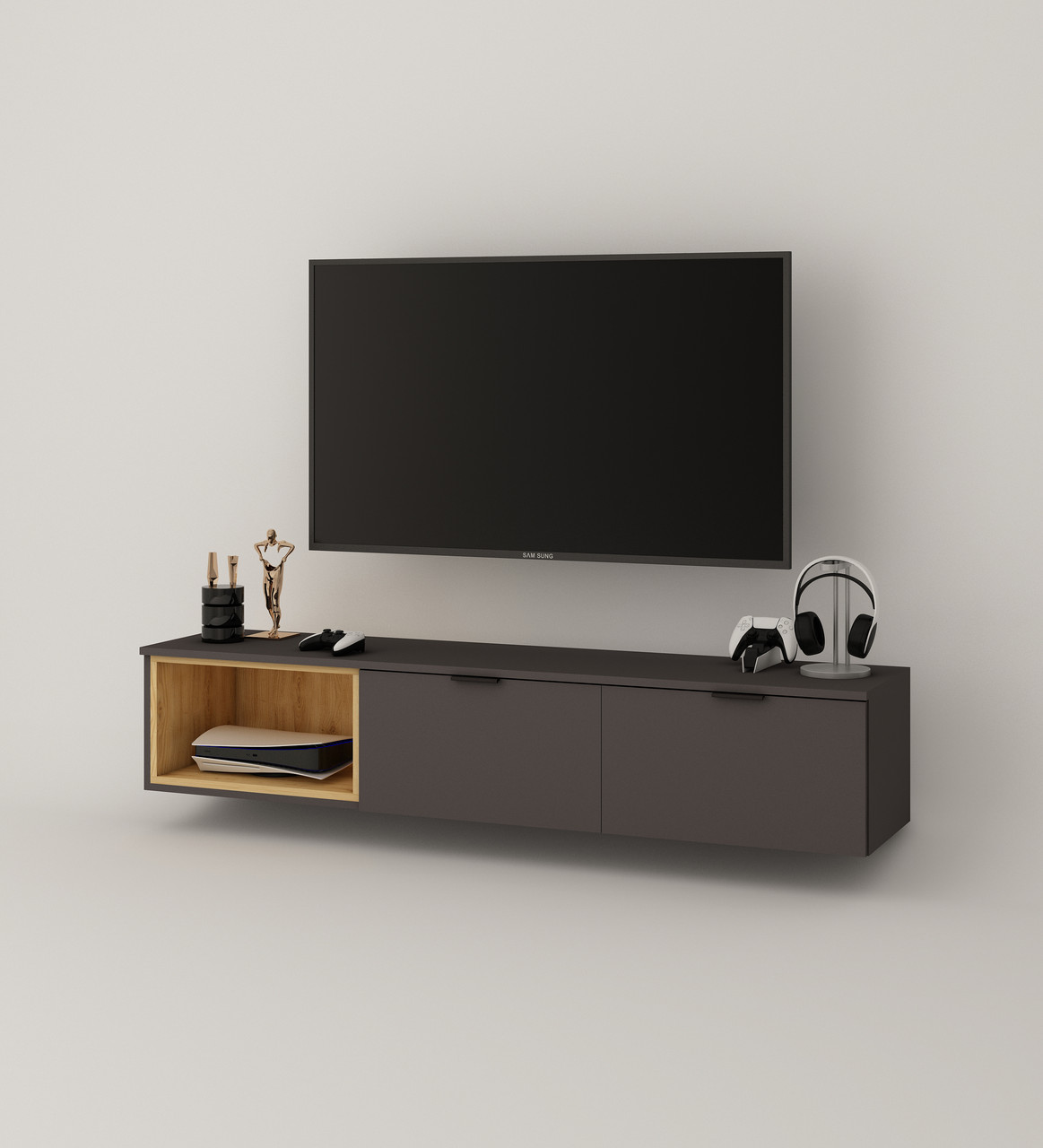 Сучасна підвісна ТВ тумба під телевізор P2 240 см з полицями у вітальню ...