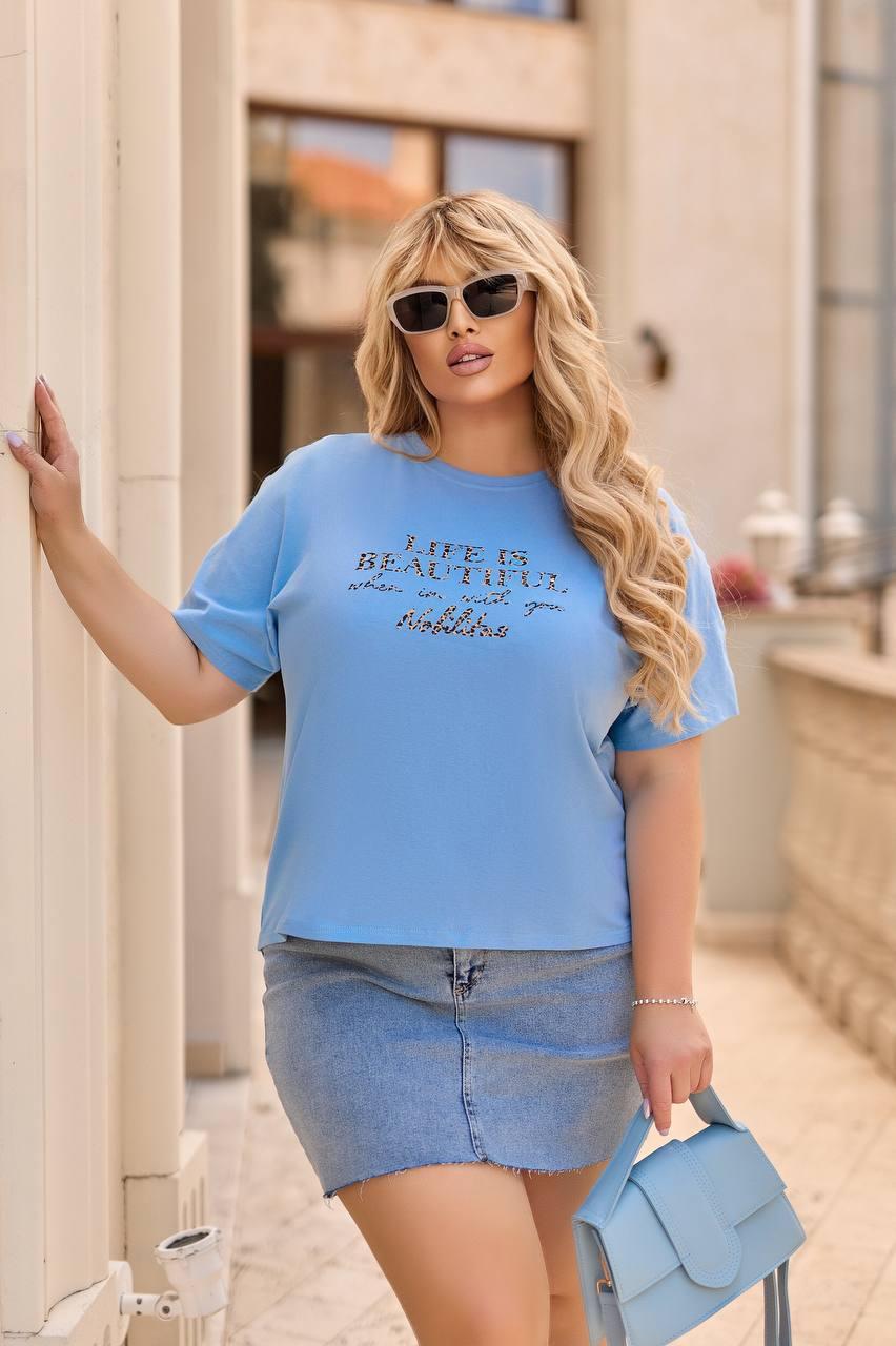 Жіноча базова футболка з написом NOBILITAS блакитного кольору., фото 1