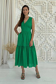 Сукня жіноча літня довга бавовняна зелена ошатна без рукавів 3545-02