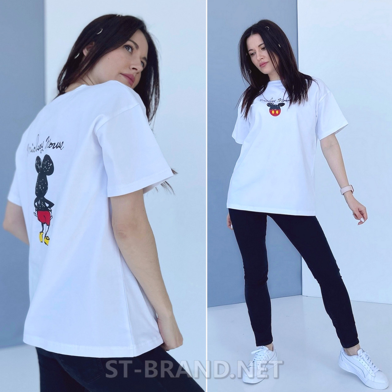 42-52. Стильна жіноча подовжена футболка оверсайз з принтом Miskey Mouse - біла