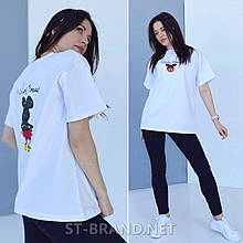 42-52. Стильна жіноча подовжена футболка оверсайз з принтом Miskey Mouse - біла