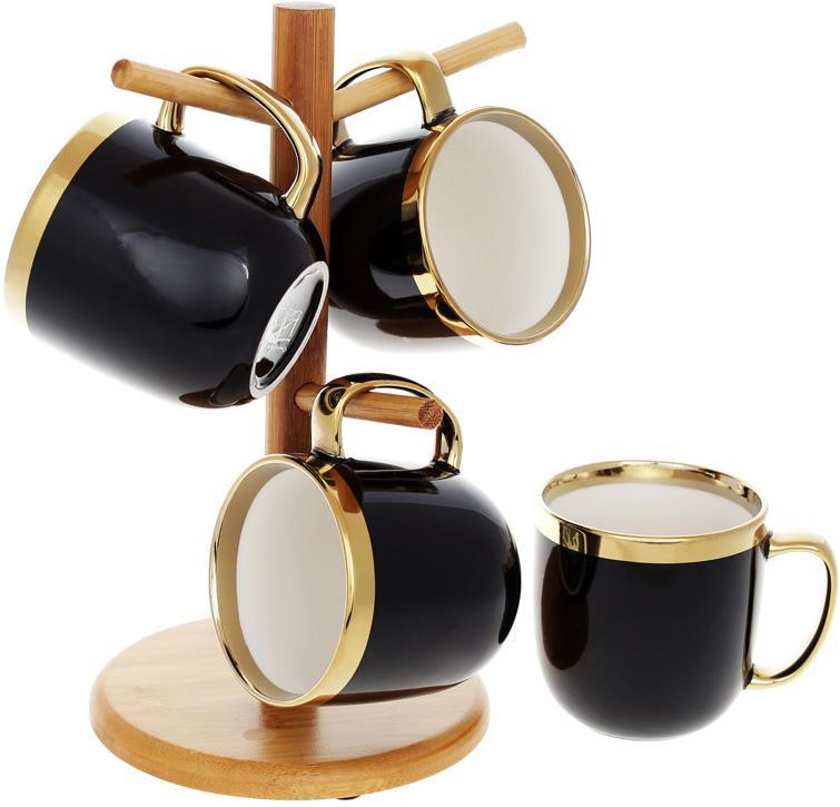 Чайний набір "Золота Лінія" 4 кухлі 320 мл на бамбуковій стійці, чорний, фото 1