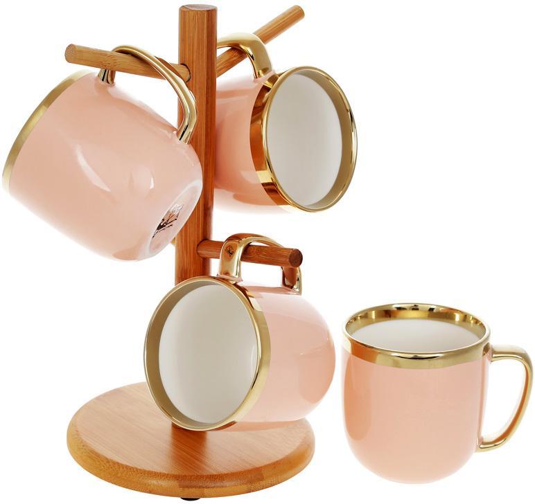 Чайний набір "Золота Лінія" 4 кухлі 320 мл на бамбуковій стійці, пудровий, фото 1